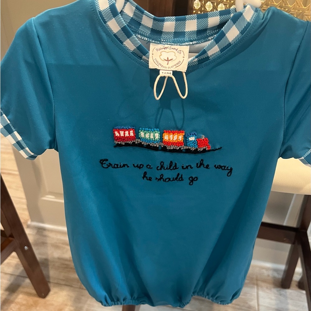 Vibrant Blue toddlers bubble with Train Embroidery